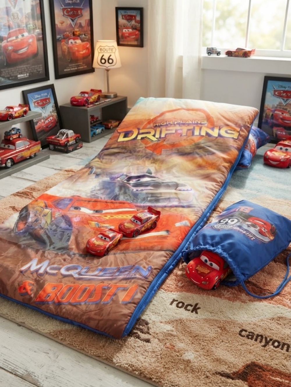 VINTAGE DISNEY Cars McQueen & Boost Kids Sleeping Bag - Red/Brown Racing